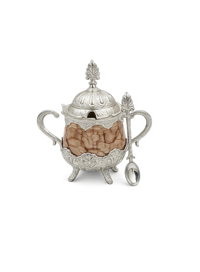 Busem Candy & Sugar Bowl with Silver Handles, Lid and Spoon – Brown Marble Pattern – Made in Türkiye - Image 2